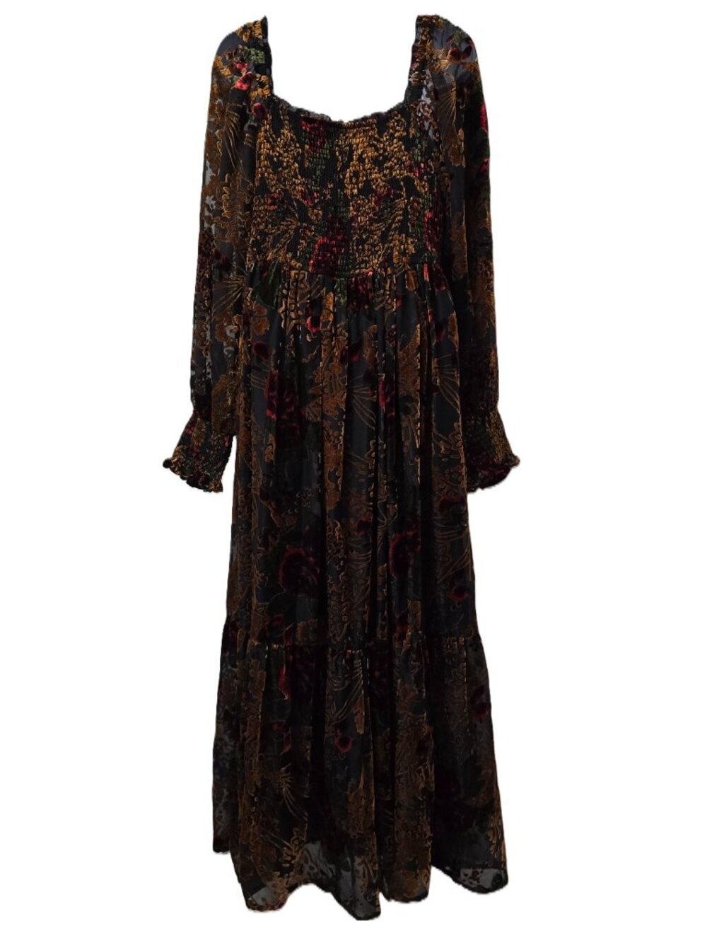 Baltic Born Velvet Burnout Dress L Maxi Puff Sleeve Smocked Black Copper Floral - Picture 5 of 12